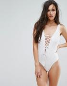 Missguided Crochet Lace Up Swimsuit - White