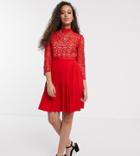 Little Mistress Petite Mini Length 3/4 Sleeve Lace Dress In Tomato Red