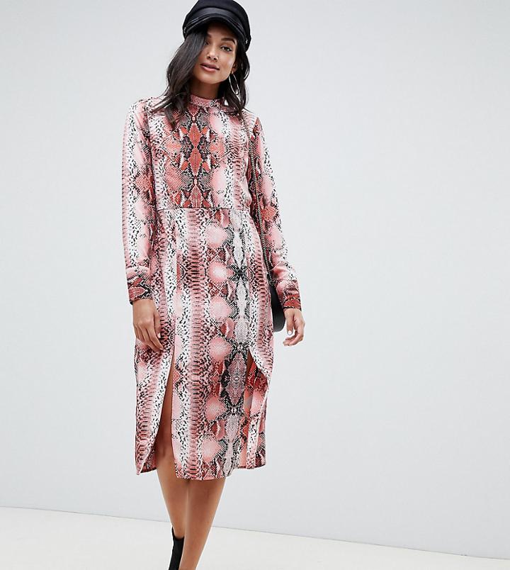 Asos Design Tall Snake Print Column Midi Dress With Long Sleeves-multi