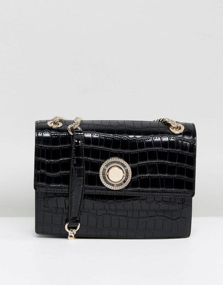 Versace Jeans Medium Croc Cross Body With Gold Button Detail - Black