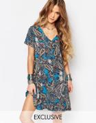 Reclaimed Vintage V Neck Dress In Paisley Print - Blue