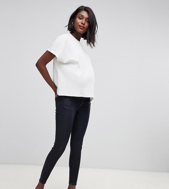 Asos Design Materntiy Ridley High Waisted Skinny Jeans In Clean Indigo Wash With Under The Bump Waistband-blue