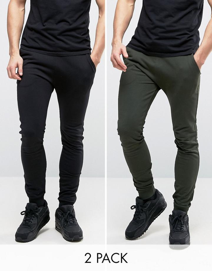 Asos Super Skinny Joggers 2 Pack Khaki/black Save - Multi