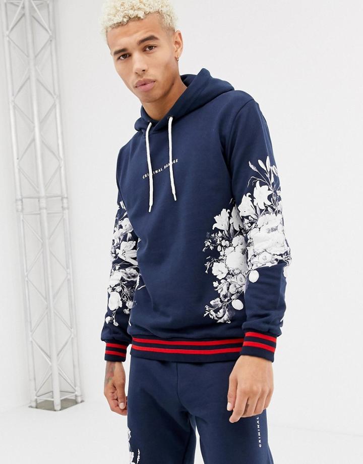 Criminal Damage Hoodie In Navy With Floral Detail