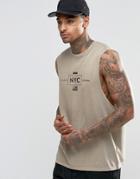 Asos Longline Sleeveless T-shirt With Nyc Print And Dropped Armhole - Tan