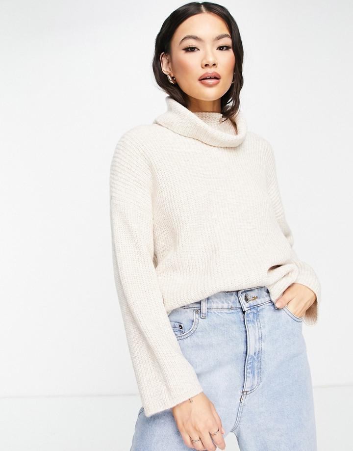 Asos Design Sweater In Rib With High Neck In Oatmeal-neutral