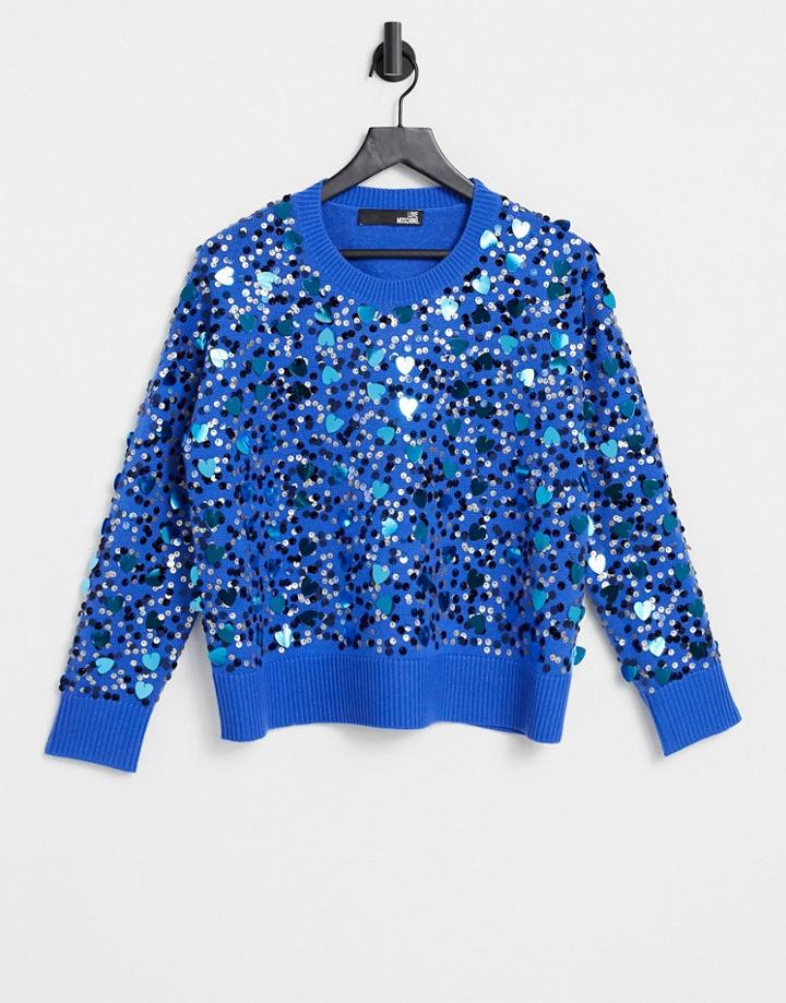 Love Moschino Sequin Printed Sweater In Blue-blues
