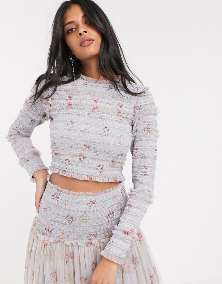 Needle & Thread Smocked Crop Top Two-piece In Blue Floral