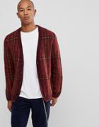 Asos Fluffy Oversized Cardigan In Burgundy Check - Red