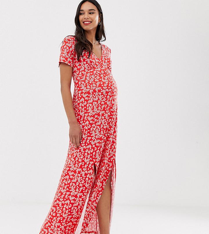 Asos Design Maternity Button Through Maxi Tea Dress With Splits In Ditsy Print - Multi