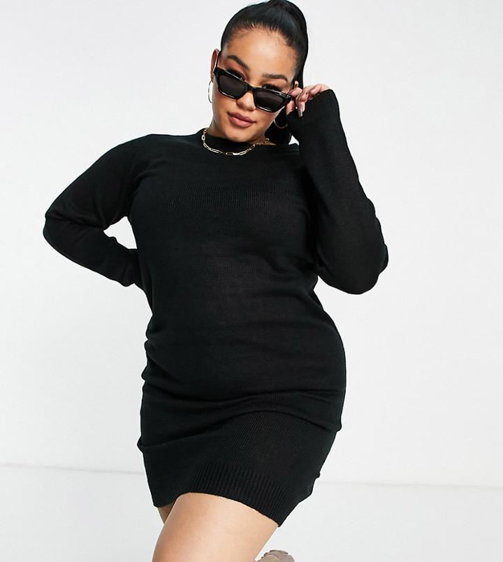 Brave Soul Plus Grungy Round Neck Jumper Dress-black
