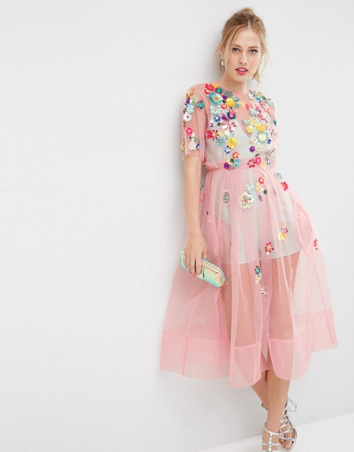 Asos Salon 3d Floral Embellished Midi Dress - Pink