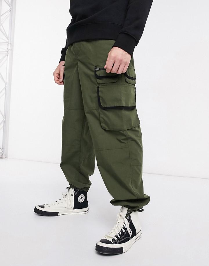 Asos Design Wide Leg Utility Pants In Khaki-green