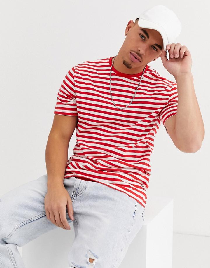 Only & Sons Striped Crew Neck T-shirt In Red