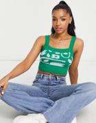 Monki Knitted Cami Top In Oversized Flower Print In Blue
