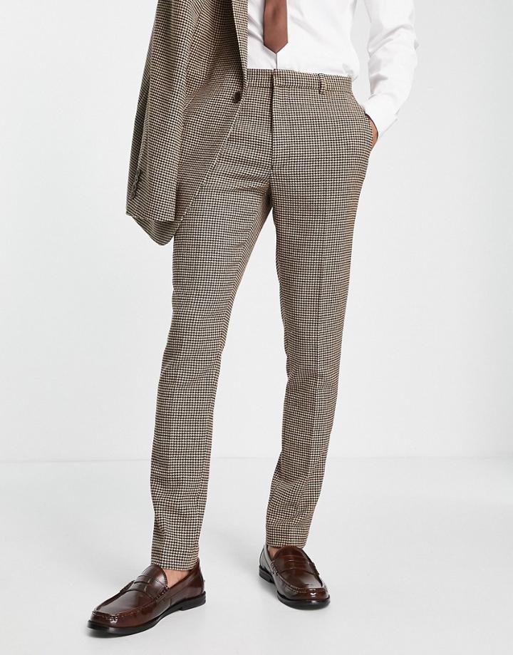 Asos Design Skinny Wool Mix Suit Pants In Tonal Brown Dogtooth