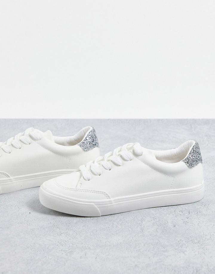 London Rebel Minimal Lace Up Bridal Sneakers In White With Silver Glitter