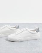 London Rebel Minimal Lace Up Bridal Sneakers In White With Silver Glitter