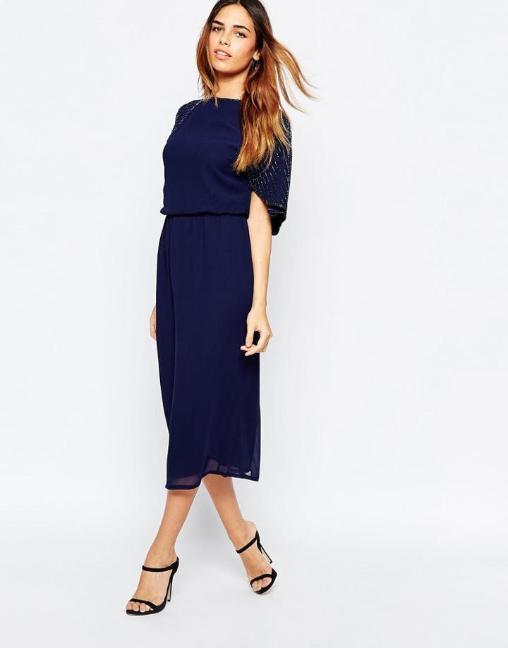Warehouse Embellished Sleeved Midi Dress - Midnight