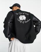 Topman Varsity Jacket In Black With Contrast Faux Leather Sleeves