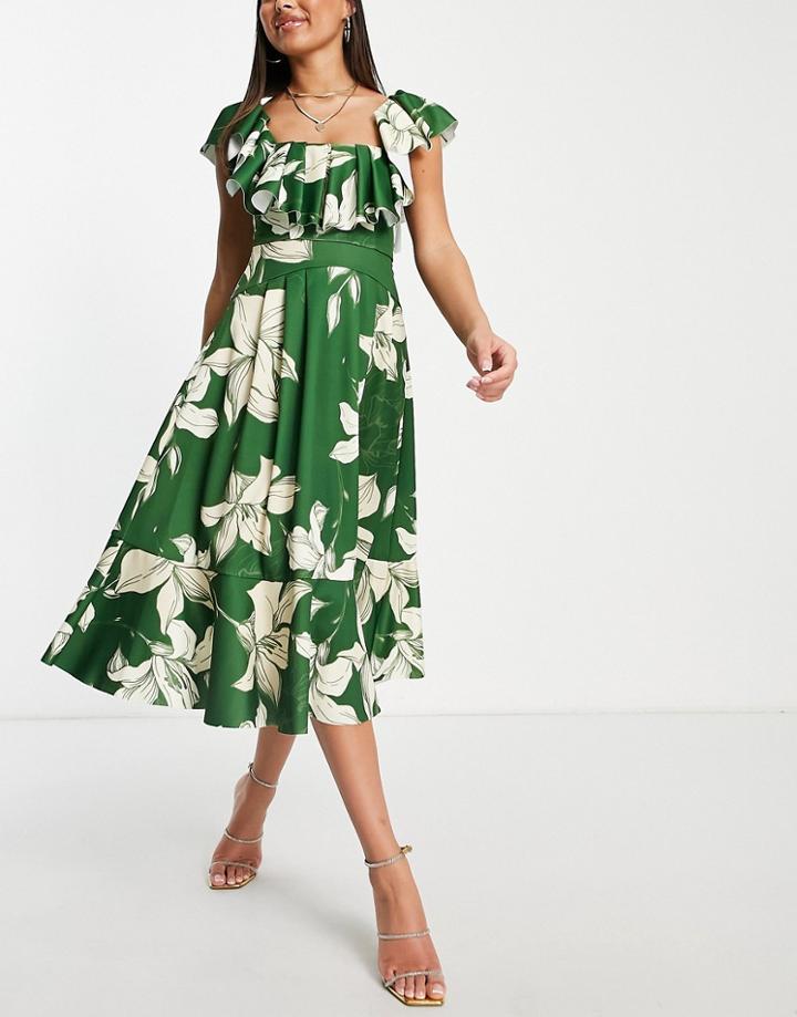 Asos Design Extreme Frill Square Neck Prom Midi Dress In Green Floral Print-multi