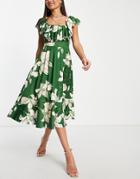 Asos Design Extreme Frill Square Neck Prom Midi Dress In Green Floral Print-multi