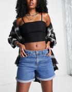 Only Vega Roll Hem Denim Short In Mid Blue Wash