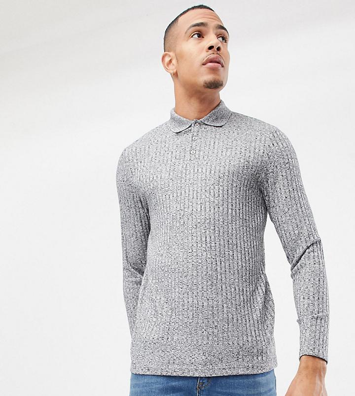 Asos Design Tall Long Sleeve Polo Shirt In Heavy Rib - Gray
