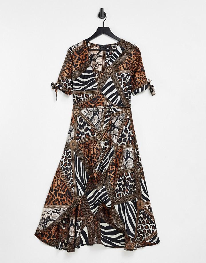 Ax Paris Plunge Wrap Dress In Mix & Match Animal-multi