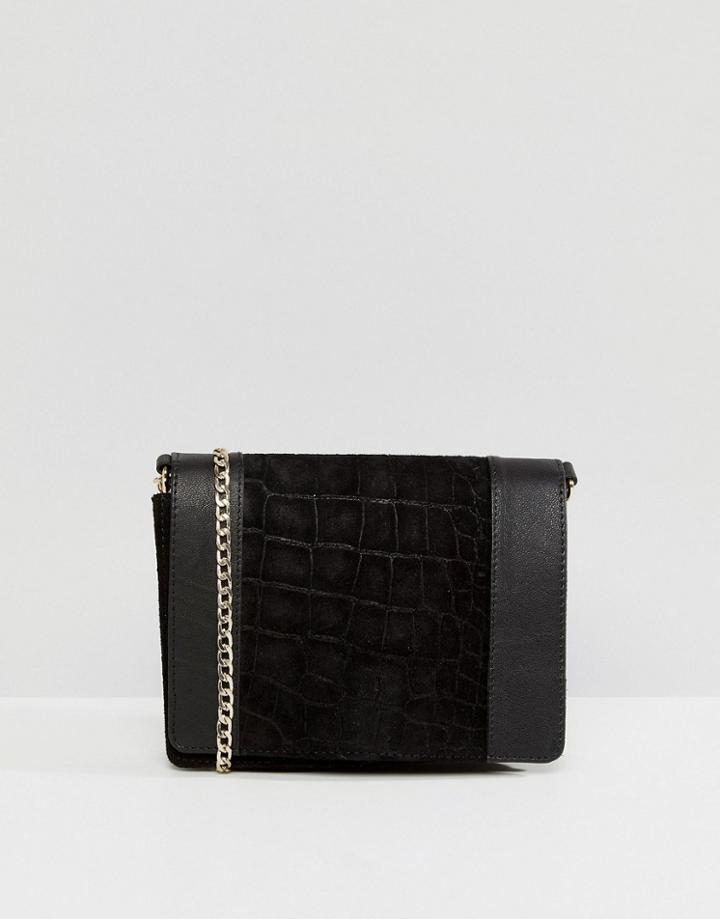 Asos Leather Croc Boxy Cross Body Bag With Chain Strap - Black