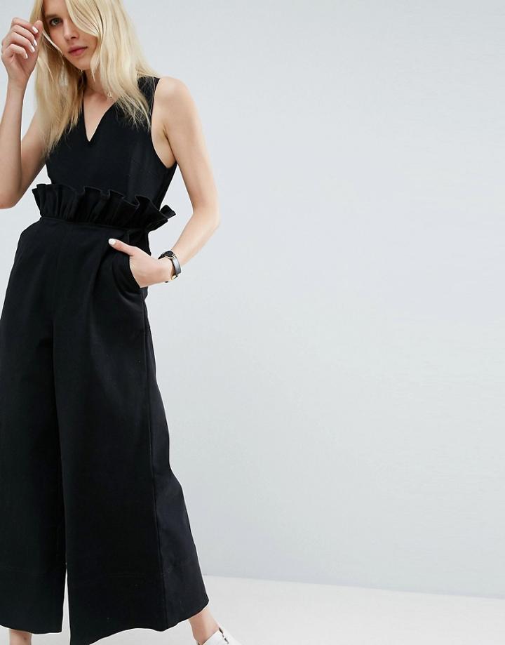 Asos Twill Jumpsuit With Ruffle Waist - Black