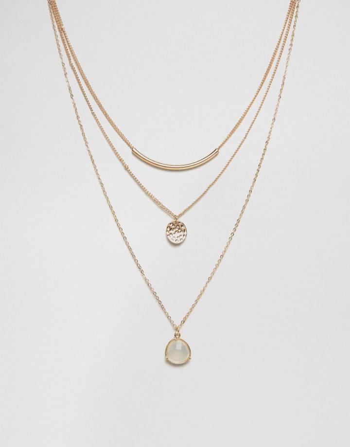 Nylon Multi Layered Bar And Gem Drop Necklace - Gold