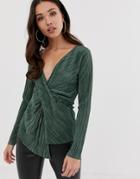 Asos Design Long Sleeve Plisse Top With Drape Twist Front-green