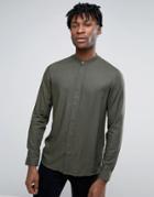 Asos Viscose Shirt In Khaki With Grandad Collar - Green