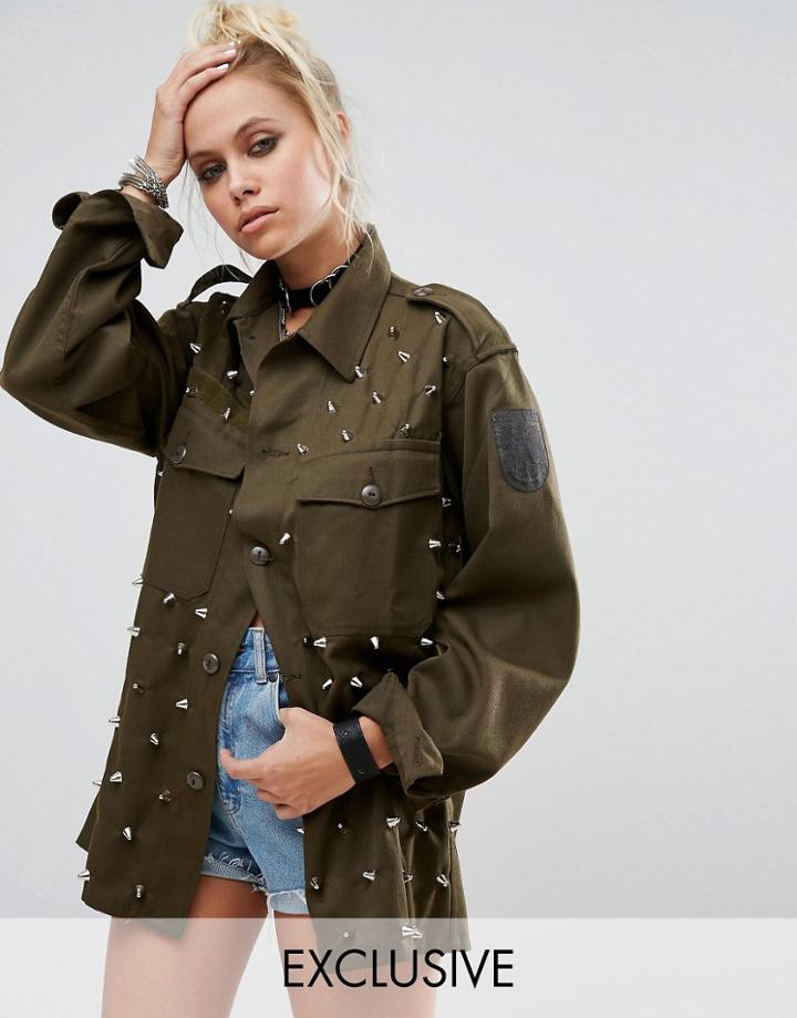Milk It Vintage Military Shirt With All Over Studs - Green