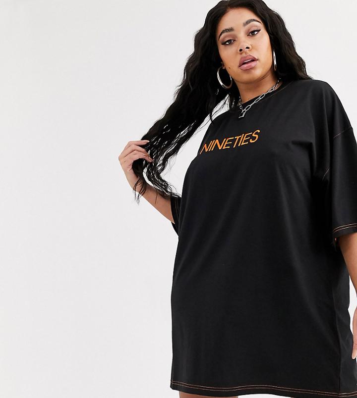 Public Desire Curve Oversized T-shirt Dress With Nineties Embroidery-black