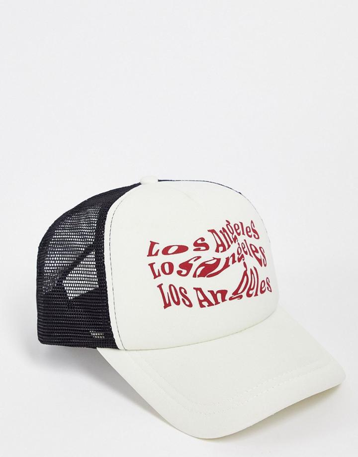Asos Design Trucker Cap In Ecru And Black With City Print-multi