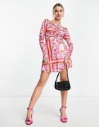 In The Style X Liberty Halterneck Puff Sleeve Mini Skater Dress In Pink Scarf Print-multi
