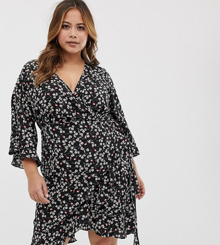 Fashion Union Plus Plunge Front Tea Dress In Floral - Black