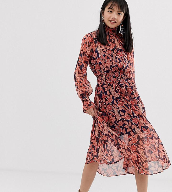 Glamorous Petite High Neck Midi Dress In Floral Leopard Print-navy