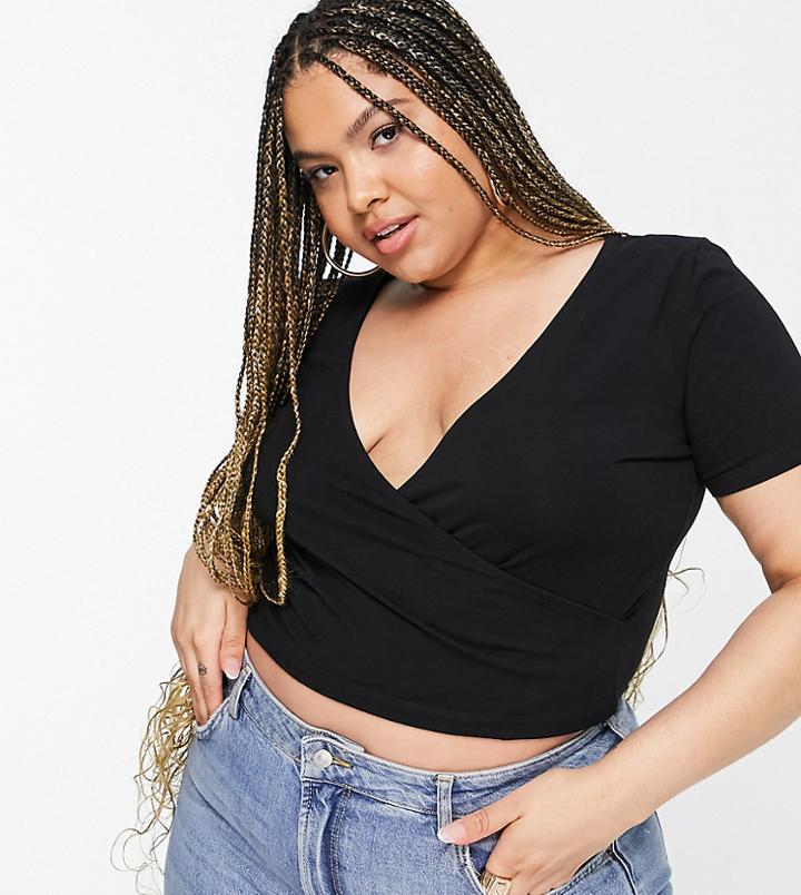 Asos Design Curve Short Sleeve Wrap Front Crop Top In Black