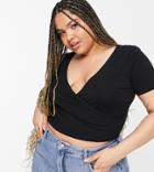 Asos Design Curve Short Sleeve Wrap Front Crop Top In Black
