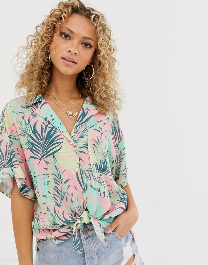 Asos Design Short Sleeve Crinkle Shirt With Tie Front In Tropical Print - Clear