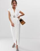 Asos Design Denim Maxi Shirt Dress With Belt And Open Back Detail-white