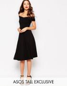 Asos Tall Midi Skater Dress With Bardot Neckline - Black