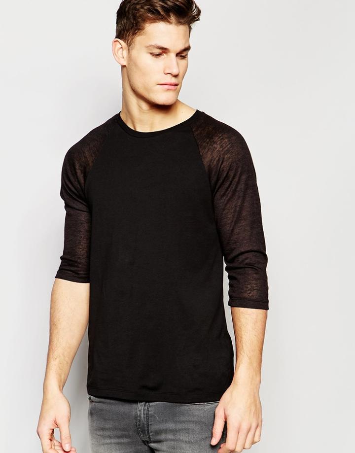 Asos Long Sleeve T-shirt With Sheer Slub Contast Raglan Sleeves In Black - Black
