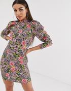 Asos Design Mini Dress With Extreme Puff Sleeve In Bold Floral-multi