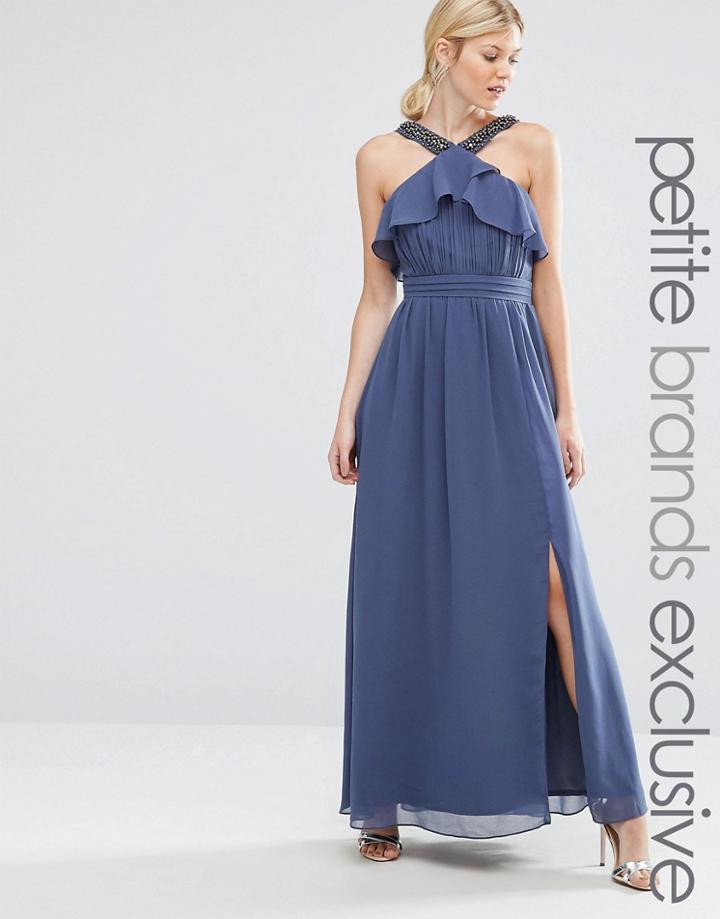Little Mistress Petite High Neck Ruffle Detail Maxi Dress With Thigh Split - Gray