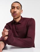 Asos Design Muscle Fit Long Sleeve Zip Polo In Fancy Rib In Burgundy-red