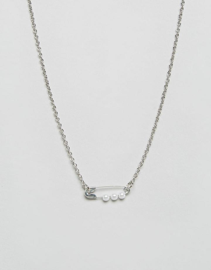 Asos Mini Faux Pearl Safety Pin Necklace - Cream